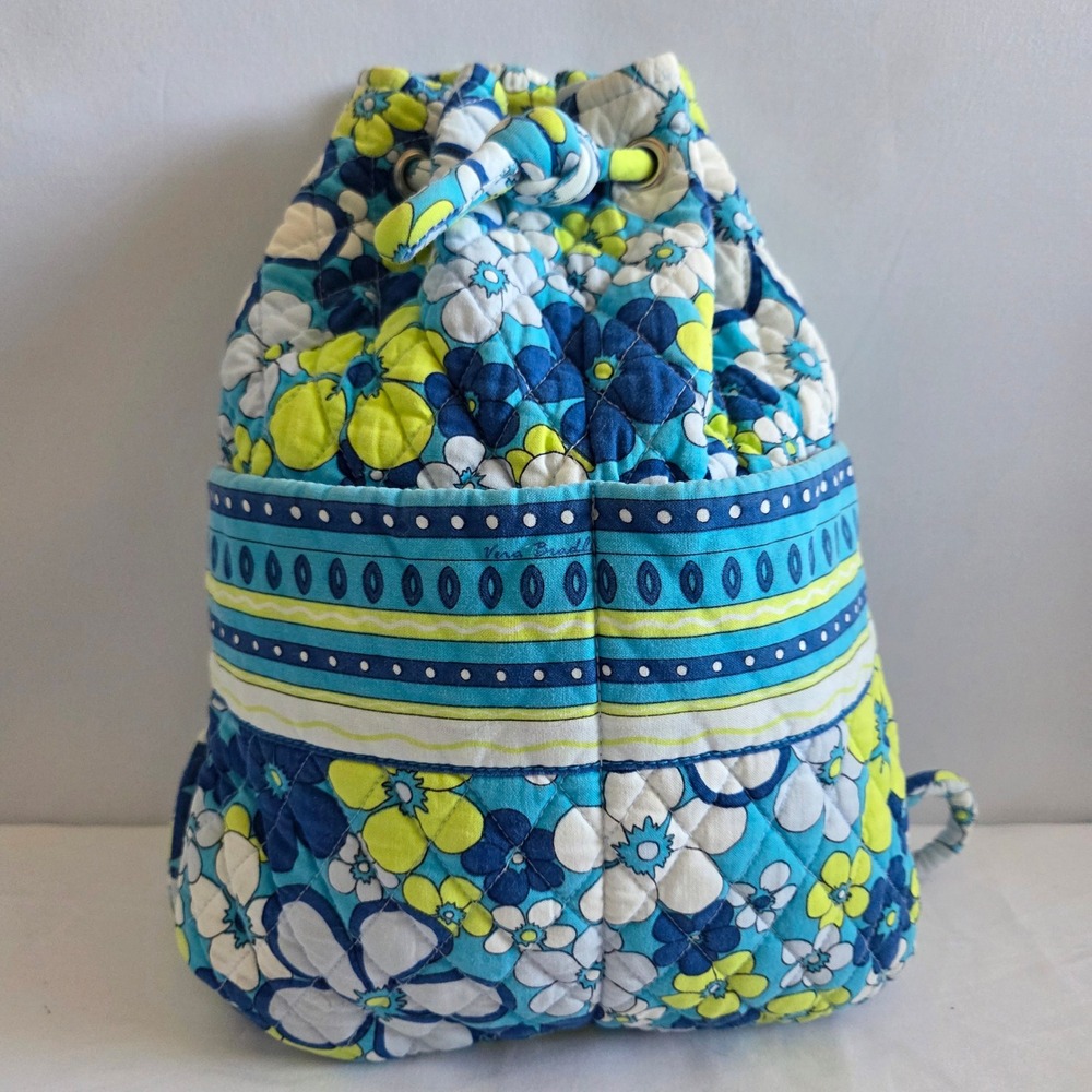 Vera Bradley Milli‎ Floral Quilted Cotton Drawstring Backpack Blue Green White